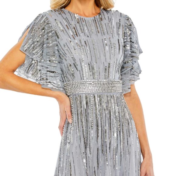 MAC DUGGAL 93582 EMBELLISHED FULL LENGTH LAYERED SLEEVE SLATE BLUE GOWN sz 10 - Picture 3 of 6